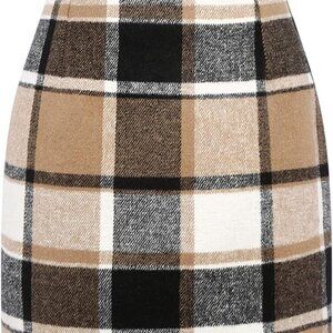 Women High Waist Plaid Skirt Brown Large